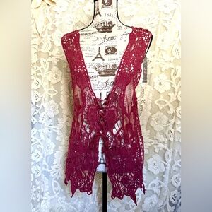 Elegant Burgundy Women's Linen Cotton Blend Lace Top